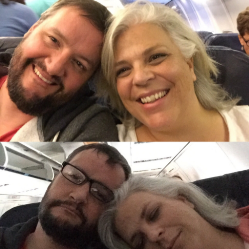 photo one: just before take-off from JFK, exhausted from packing up our house in ATX, driving across the country, and seeing our kids off to several corners of the world photo two: truly, truly exhausted while detained on an airplane for hours