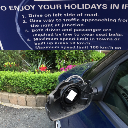 top: some cheery driving encouragement from our rental co.; bottom: our passenger-side mirror about 1 hour after getting our car. We had been disheartened about the cost of insurance - until this exact moment.