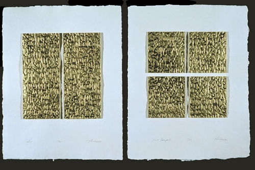 TODAY'S IMAGE: LAW AND GOSPEL BY SANDRA BOWDEN ( SOURCE ) THE RICH SURFACE IS A HEBREW TEXT FROM THE TEN COMMANDMENTS, CREATED BY LAYERING GOLD LEAFING ON THE COLLAGRAPH PRINT, THEN ADDING COLORED IRIDESCENT CRAYPAS TO THE RAISED AREAS. WITH ONE ADDITIONAL HORIZONTAL CUT, THE TABLETS OF THE LAW BECOME FOUR QUADRANTS, SUGGESTING A CROSS