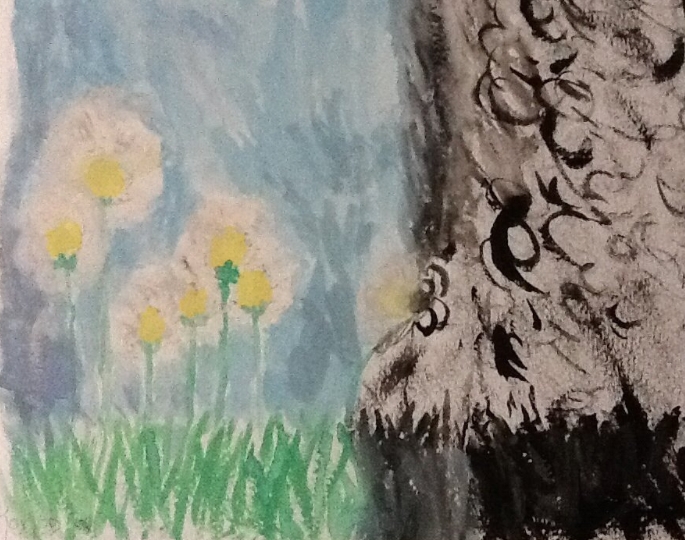 Renee's stroke took the use of her dominant right hand, but she has taken up painting with her left hand. This is a watercolor she painted near the third anniversary of her stroke. Les shared Renee's interpretation of the painting this way: "The 6 bright flowers in the bright sunny blue skies on the left side of the painting represent me and our 5 kids. The tallest is me, the next is Ivan, and so on. If you look closely, you'll notice another flower in the middle, leaning into, almost consumed by, the dark, stormy area. That flower is Renee, and the dark area represents aphasia and her inability to communicate and connect to the rest of us. While the rest of us stand straight and tall, her flower is bent and weak, and bends from the bright side and into the darkness. It's as if she's in this "in between" place. Her mind is stormy and dark because of the aphasia caused by her stroke, while part of her is still in the sun. I know there is a storm raging inside there that causes confusion and despair, but my hope and prayer is that that flower strengthens and grows tall once again in the sunshine, and the storms dissipate and once again she can connect with us as before."