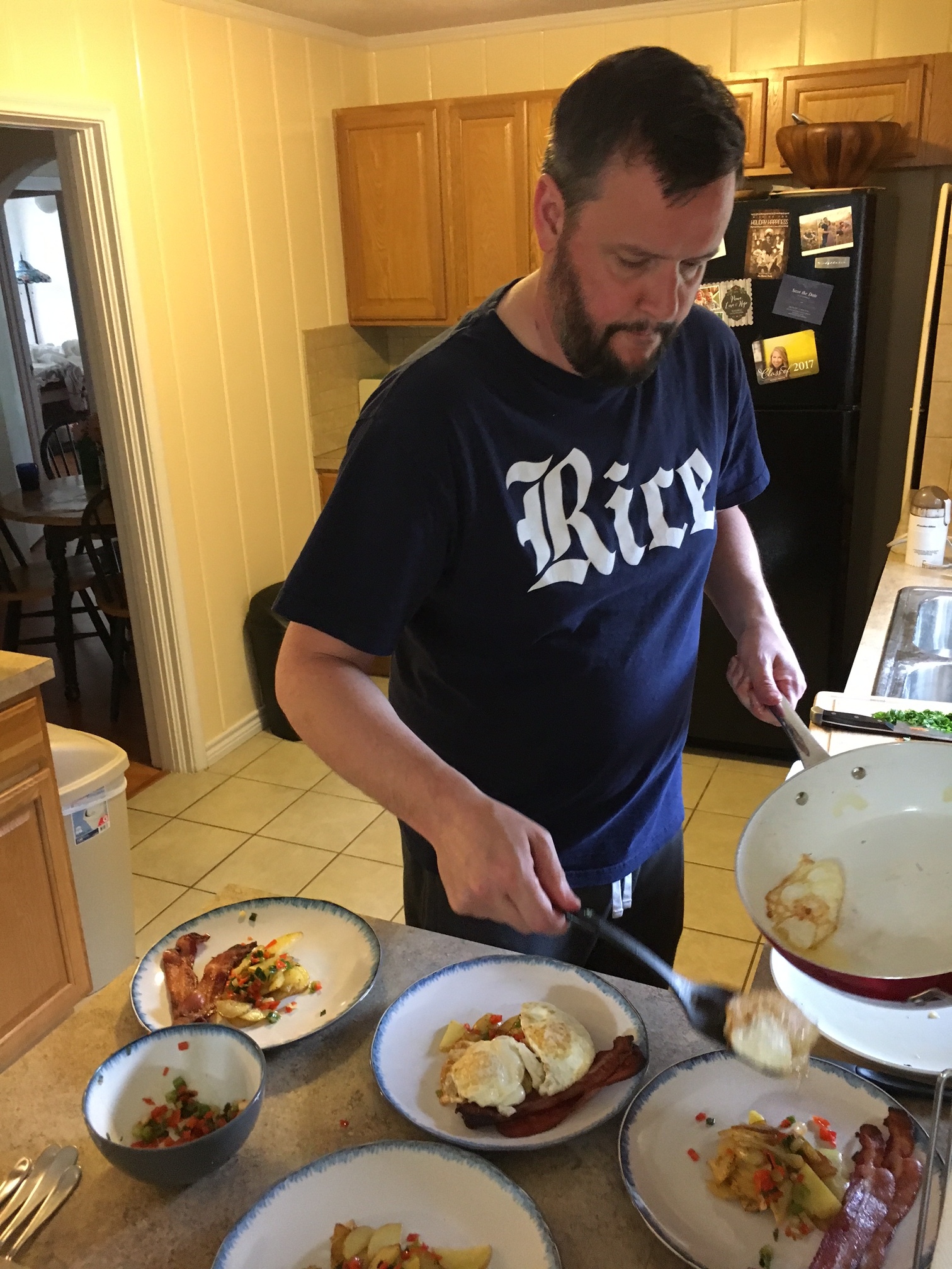 no matter where his kids are, Dad makes them breakfast