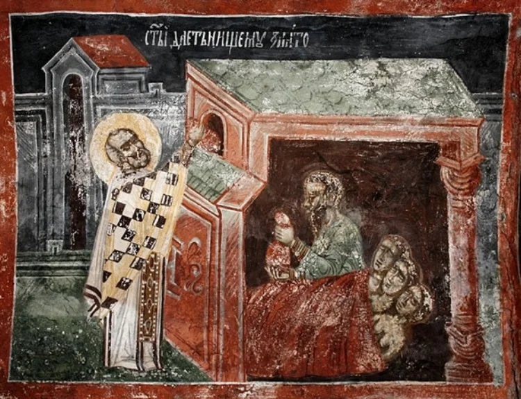 Nicholas gives dowry money , Radul, 1673-74. Fresco, Church of Saint Nicholas, Monastery of the Patriarchate of Pec, Kosovo. ( source ) Today is the Feast Day of Saint Nicholas. Read this excellent post at Art & Theology : The Real Saint Nick .