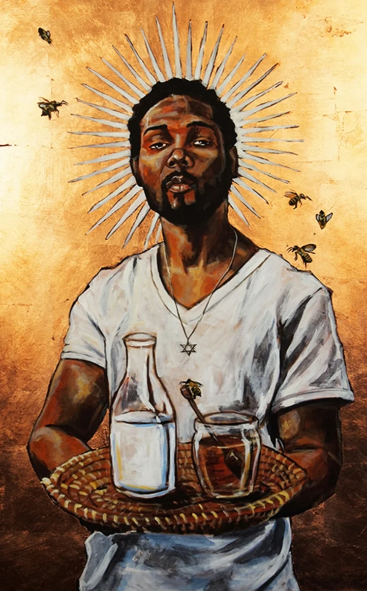Artist’s Statement : "A consistent theme that appeared in all of the literature that I read for this exhibition was the influence of Christianity on American culture, both positive and negative. I painted a triptych exploring the concept of a savior and salvation. Are saviors portrayed in one's own image? Has one been served their salvation? What would that look like?" ( source )