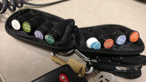 Here is my handy dandy little keychain with little oils. You can get these online, keep them at all times and even take them on planes with you. you never know when you might need an oil or two.