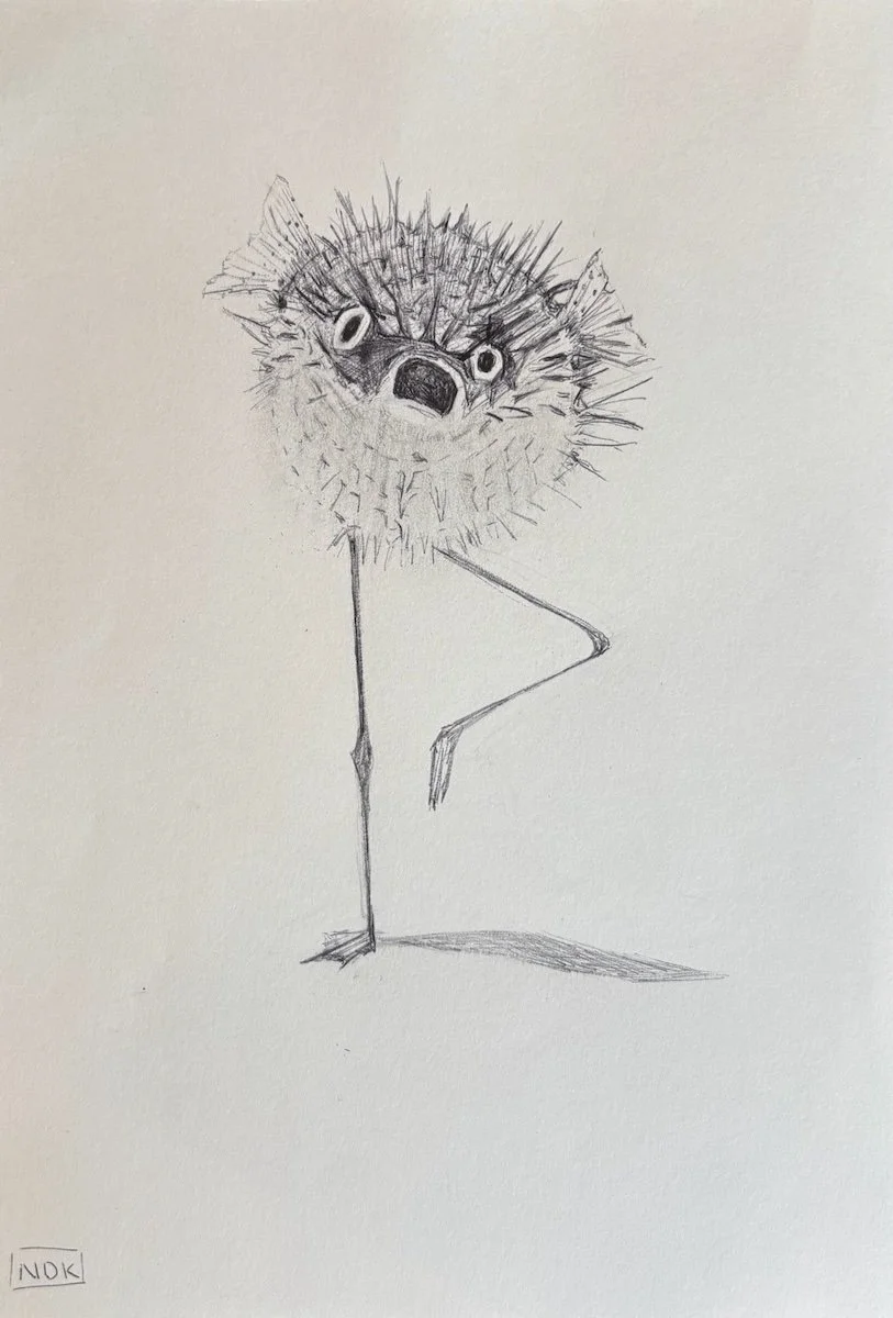 A surreal drawing of a creature with a fluffy animal face, possibly a fox or dog, combined with a simplistic human body with one hand on its hip, drawn with pencil on paper.