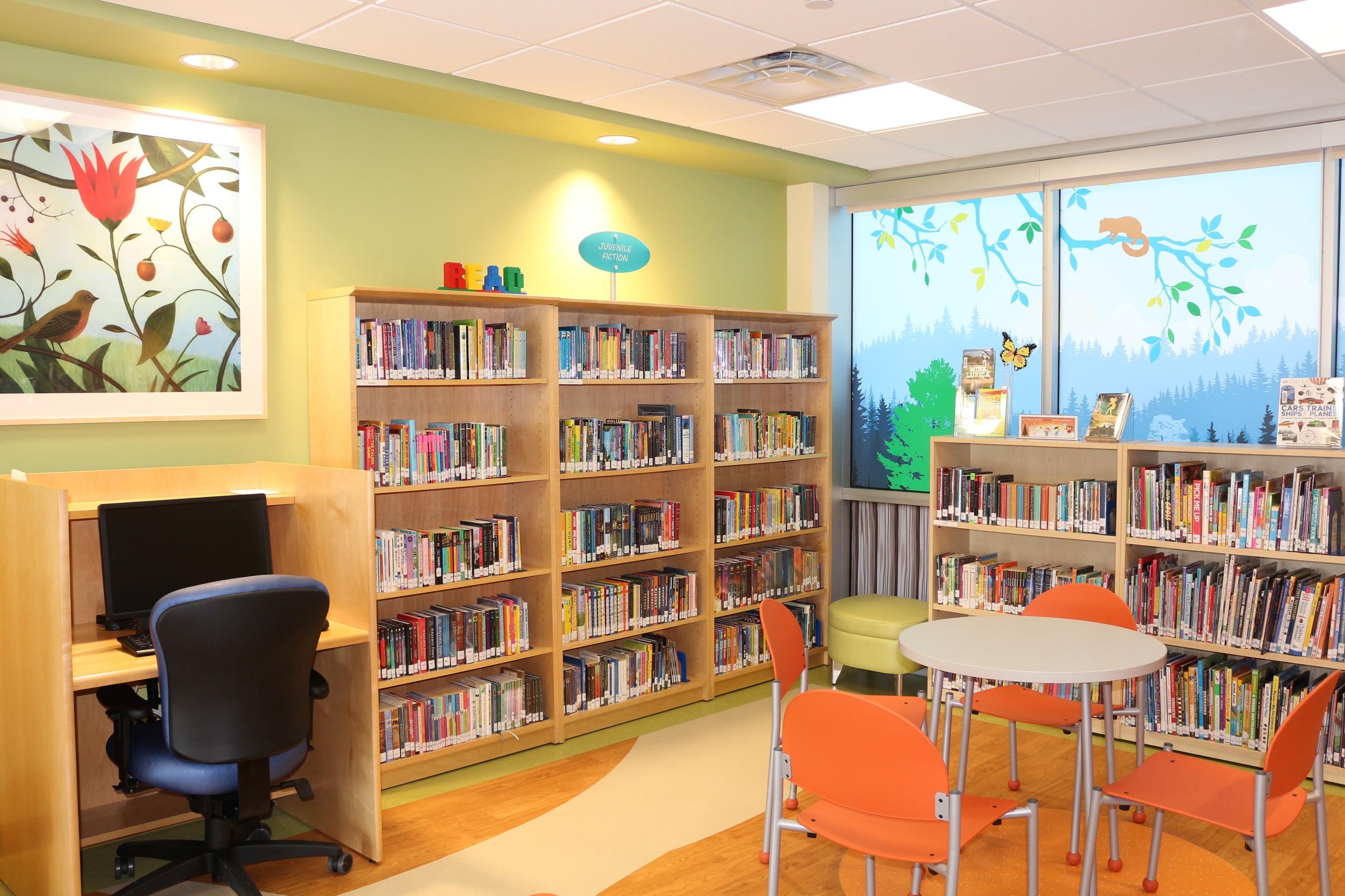 One of many libraries filled with children's books through adult fiction, as well as some reference and nonfiction.