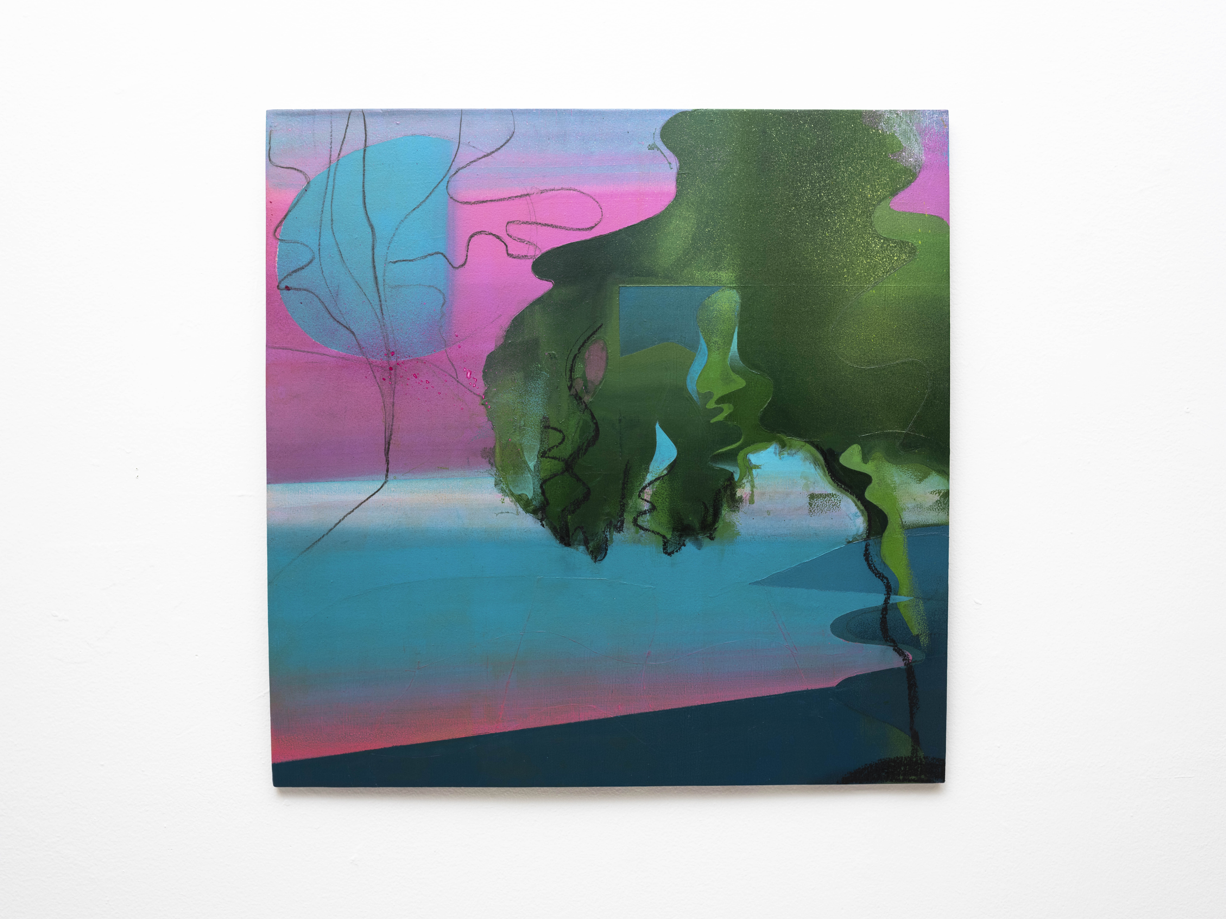 Crazy Tree. Acrylic, fabric spray, graphite, and charcoal on wood, 24 x 24 inches, 2021.