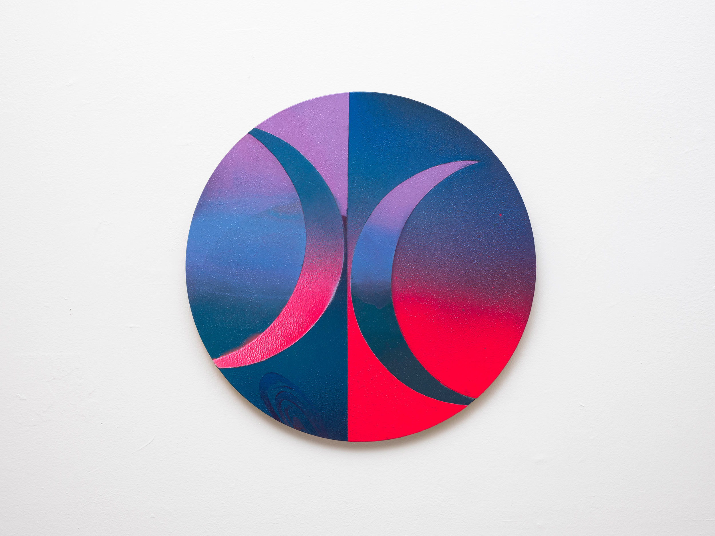 Gemini Moon. Acrylic; house paint, spray paint, and graphite on wood, 20-inch diameter circle
2021.