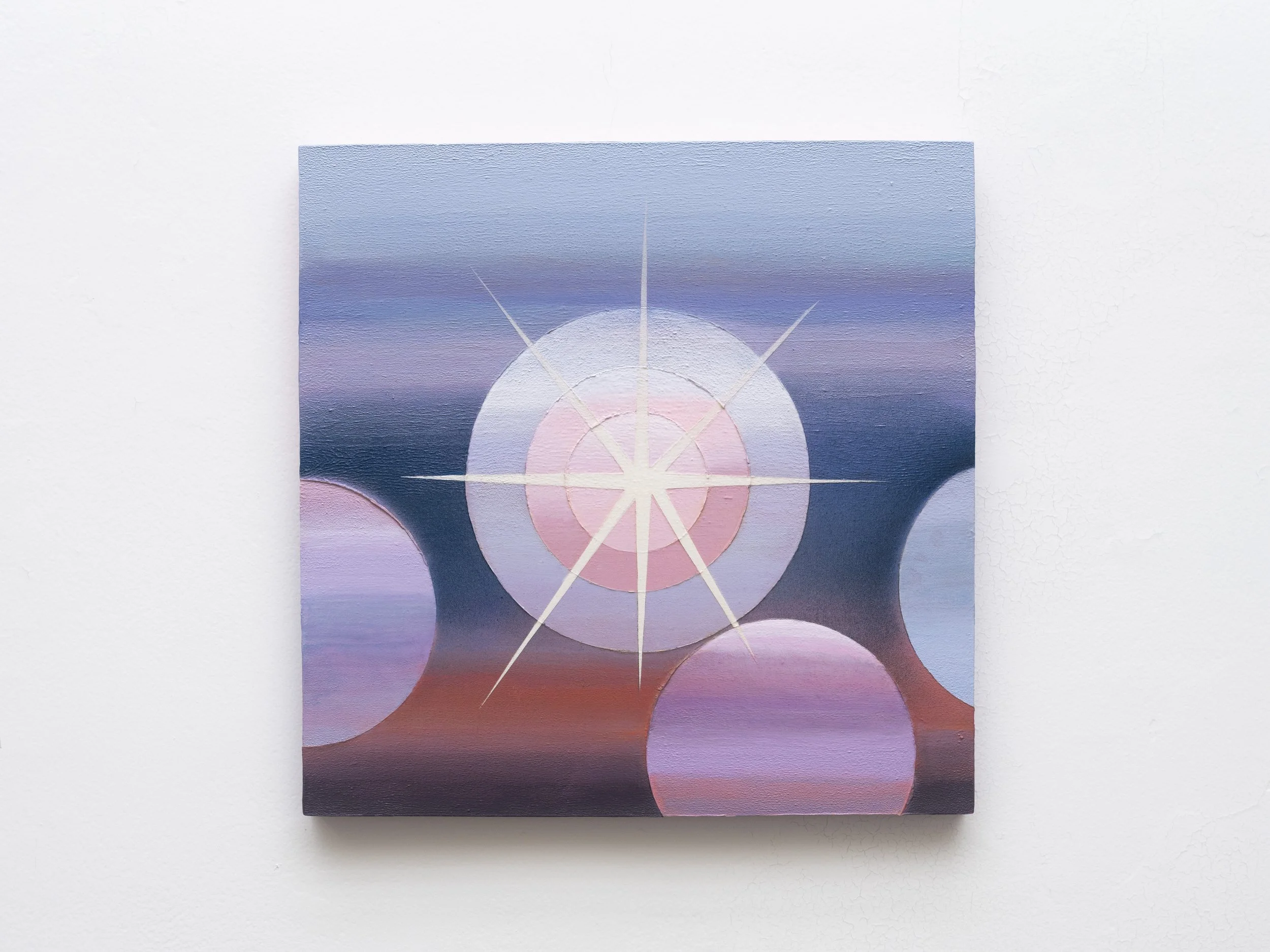   Orbs   Acrylic, spray paint, house paint, and graphite on wood  14 x 14 inches  2025 