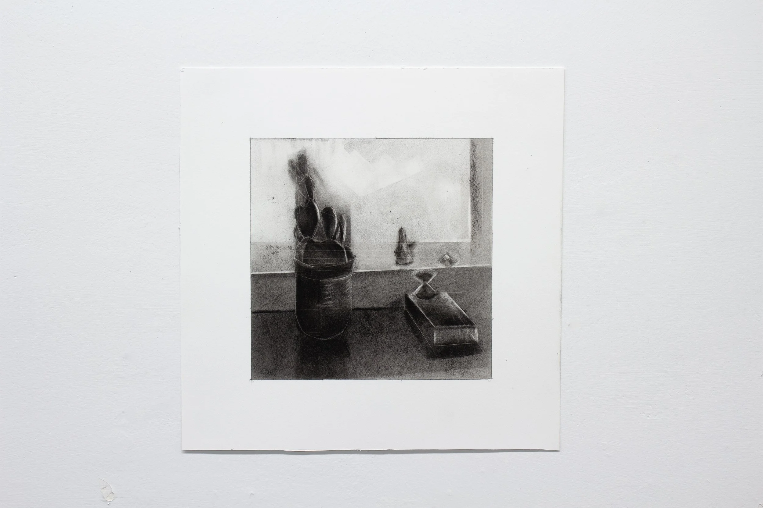 Metaphysical Still Life 2. Charcoal on paper, 5.5 x 5.5 inches, 2024.