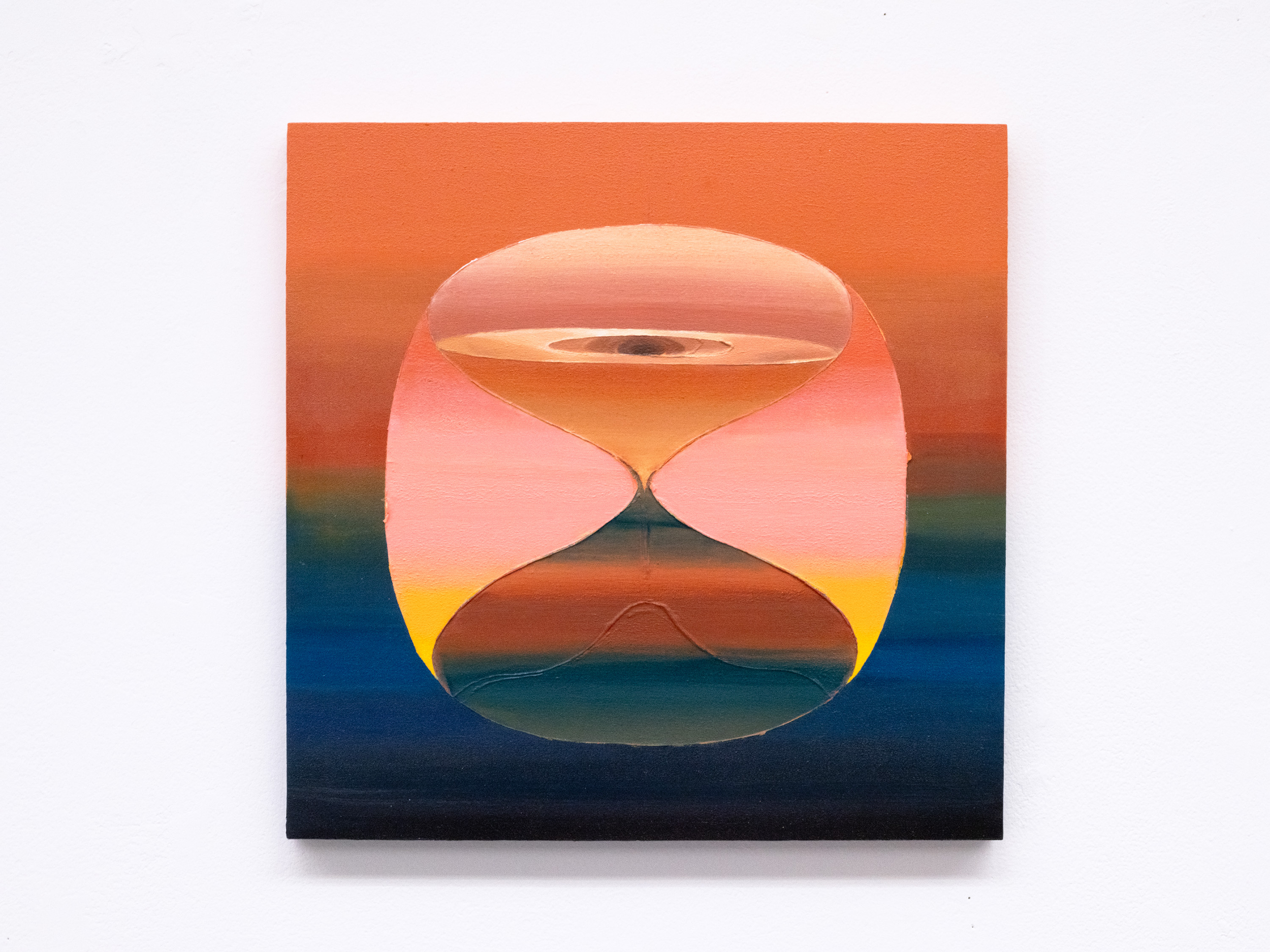 Overtime. Acrylic; latex and aerosol, and graphite on wood, 14 x 14 inches, 2024.