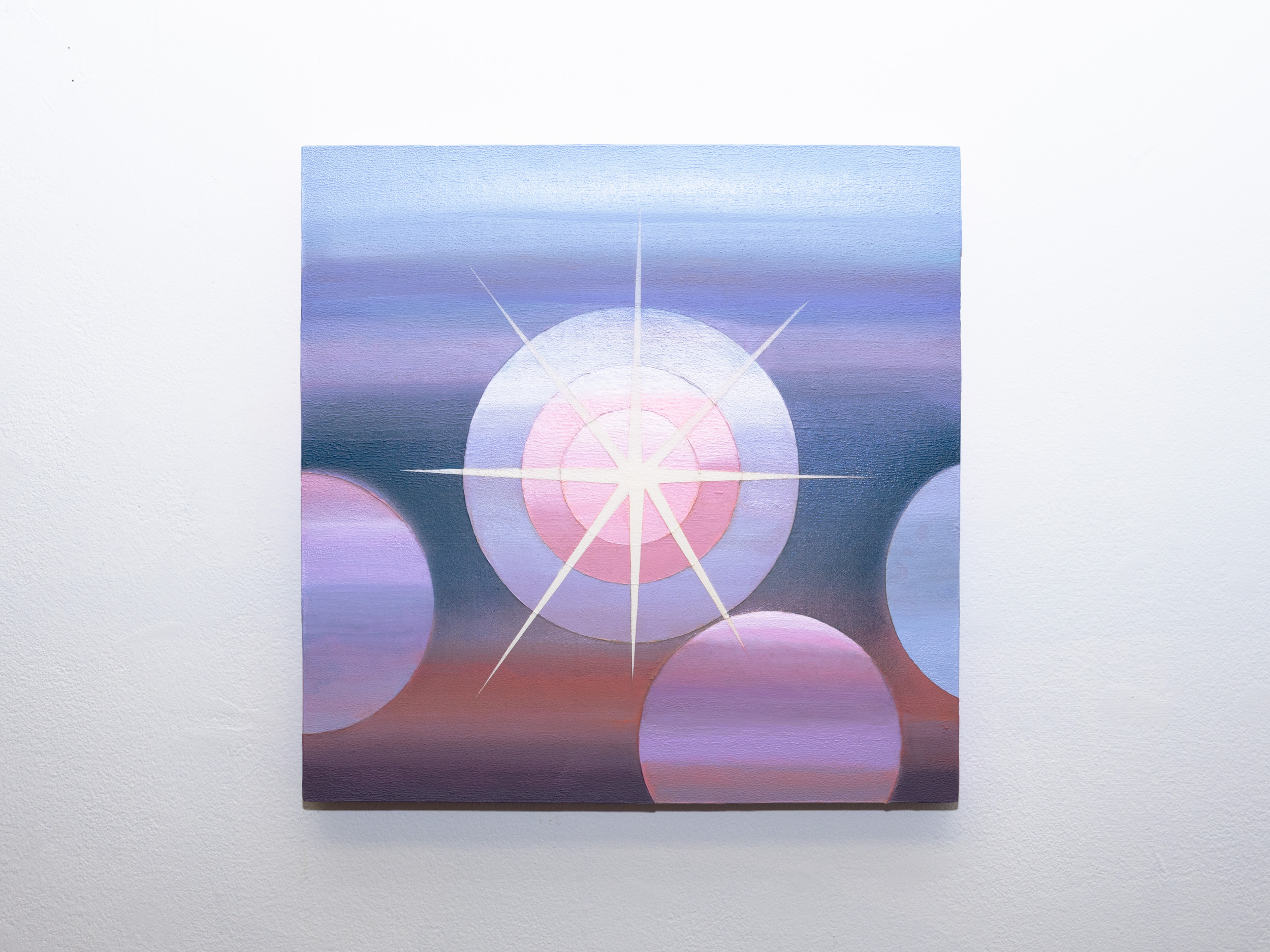 Orbs. Acrylic; latex and aerosol, and graphite on wood, 14 x 14 inches, 2025.