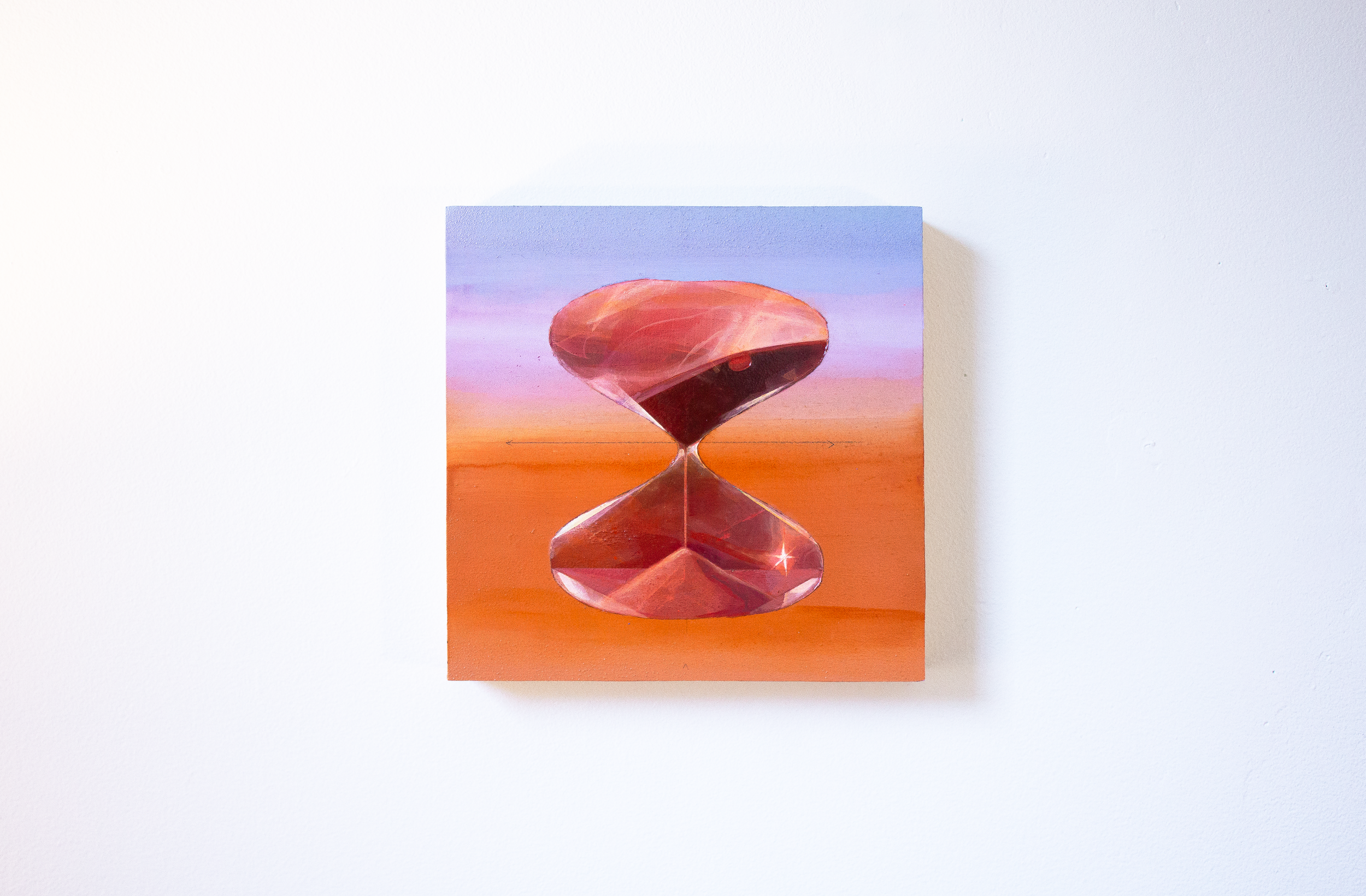 Orange Hourglass. Acrylic and graphite on wood, 6 x 6 inches, 2026.
