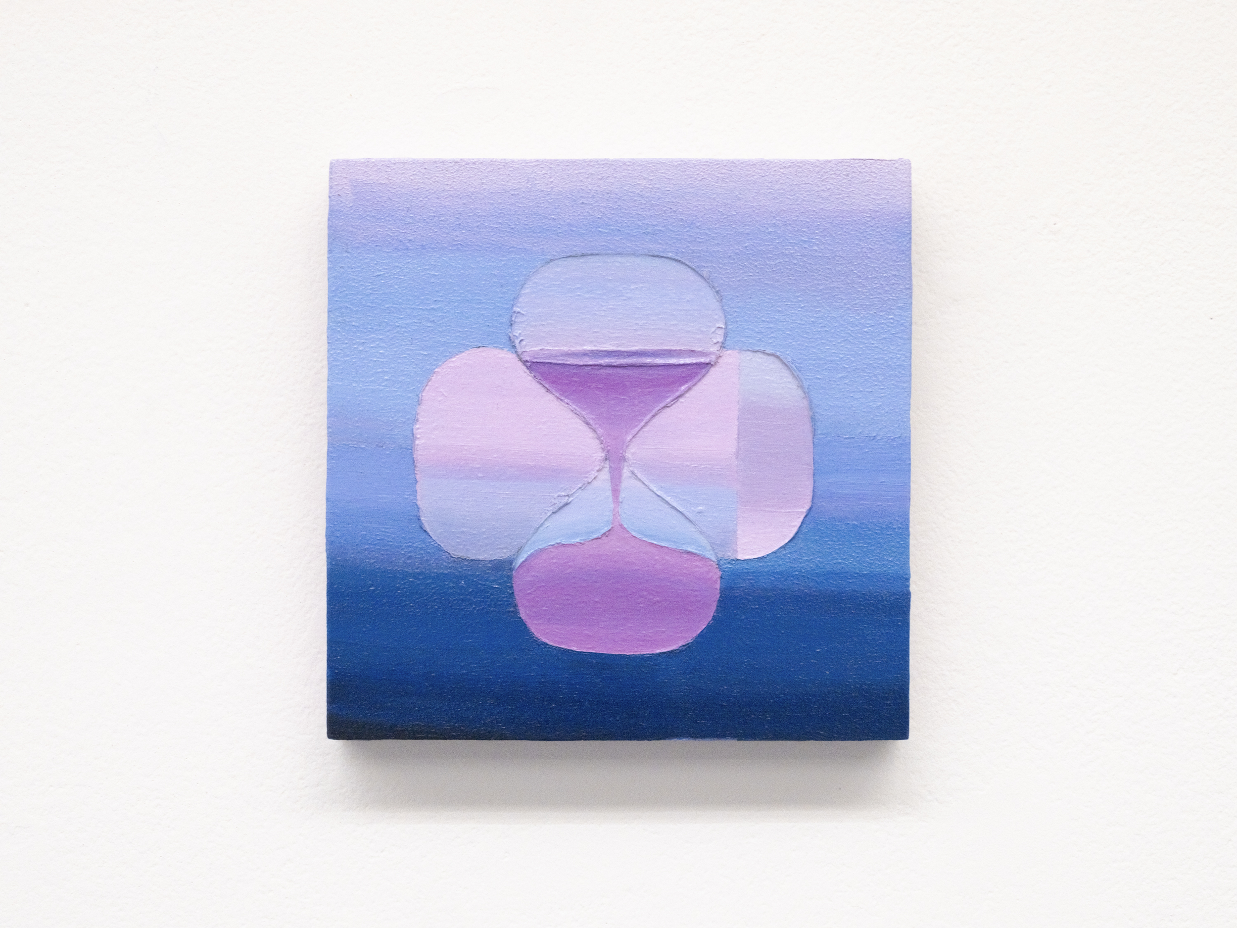 Doubletime. Oil, acrylic; latex and aerosol, and graphite on wood, 6 x 6 inches, 2024.