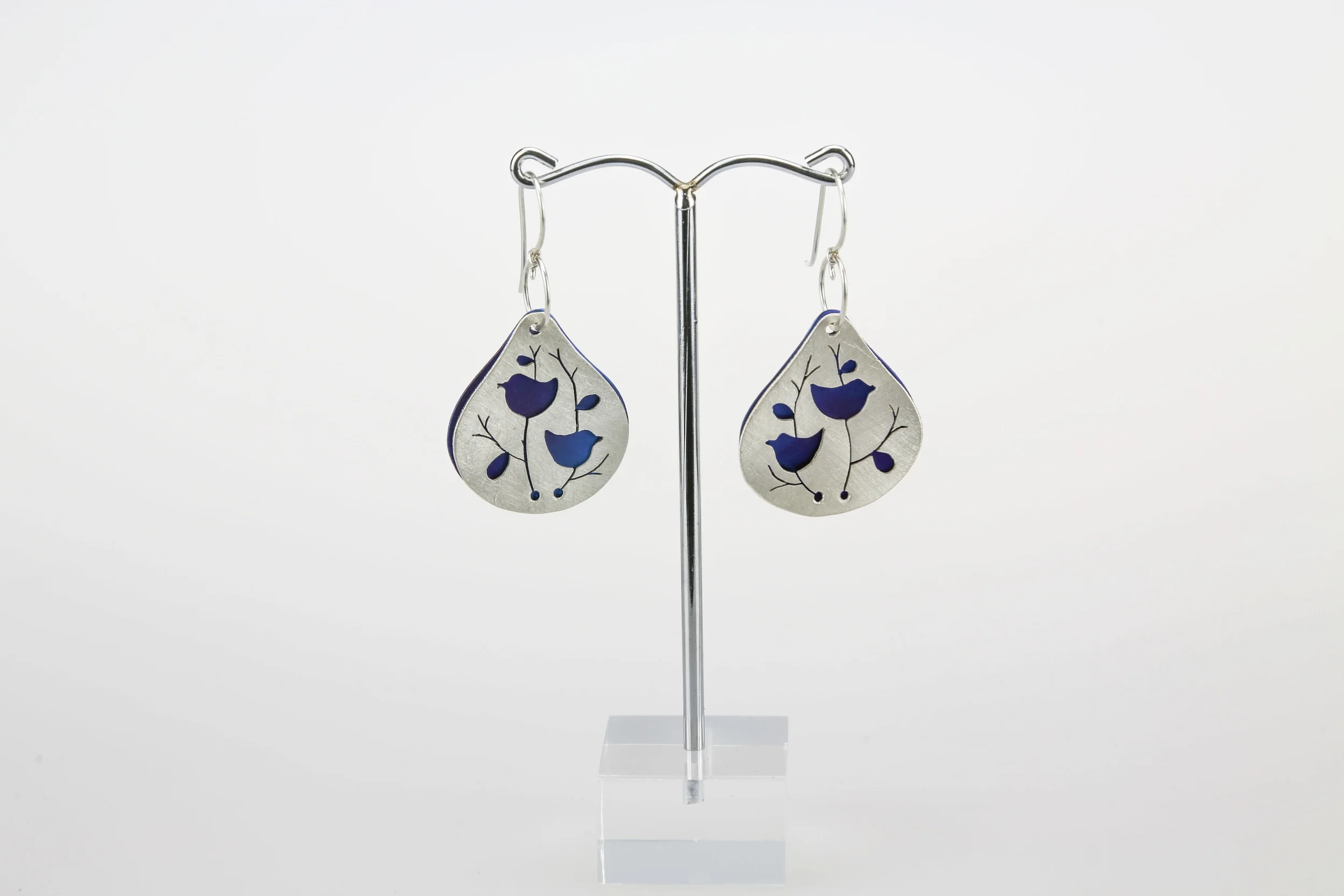 silver earrings teardrop handmade hooks scroll stems & bird detail