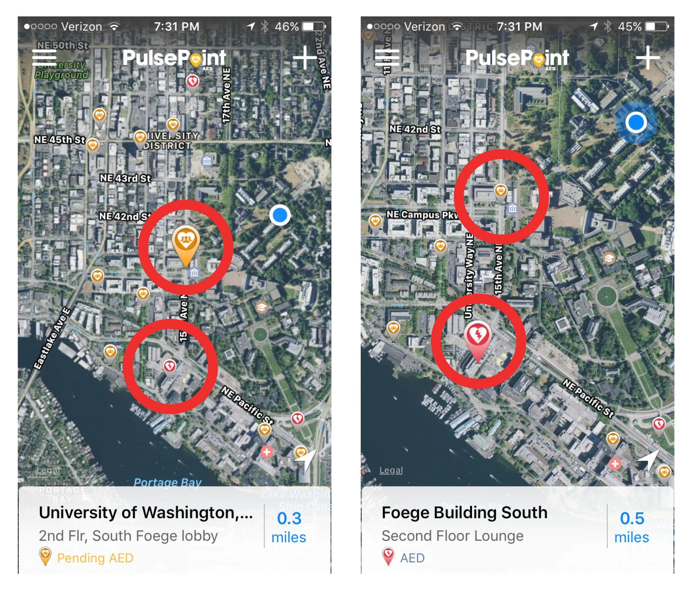 Screenshots of PulsePoint AED. Red circles denote faulty information. Note both locations are labeled as Foege Building.