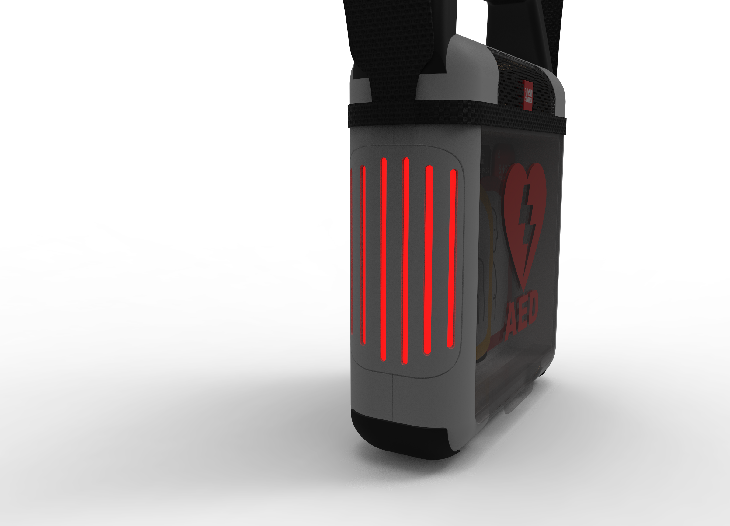 Exterior lights allow for visual alarm to alert the approaching user of the location of the AED.