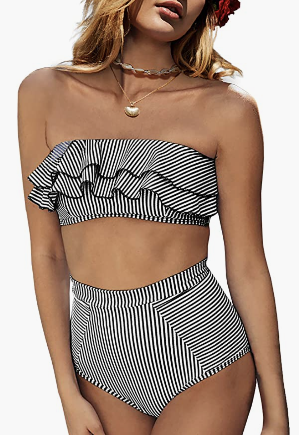 Pin-striped High Waisted 2 Piece Bikini