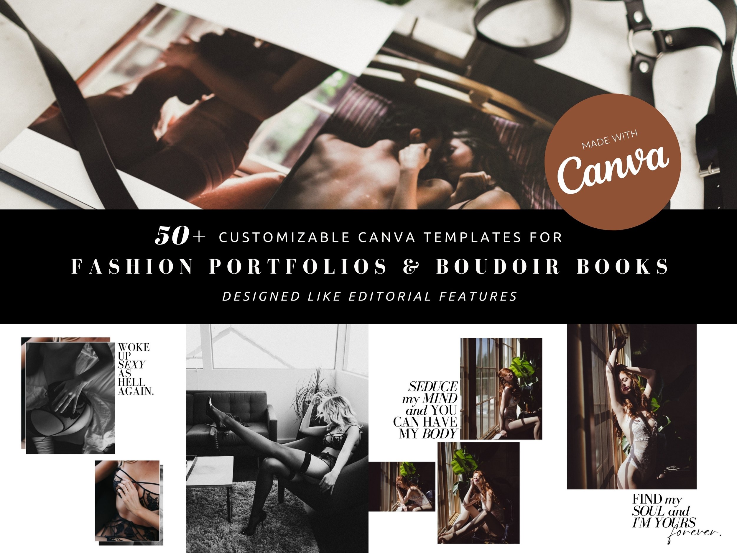 Fashion Portfolio, Boudoir Album Design Templates, Editorial Magazine Page Designs, DIY Boudoir Photography Fine Art Book