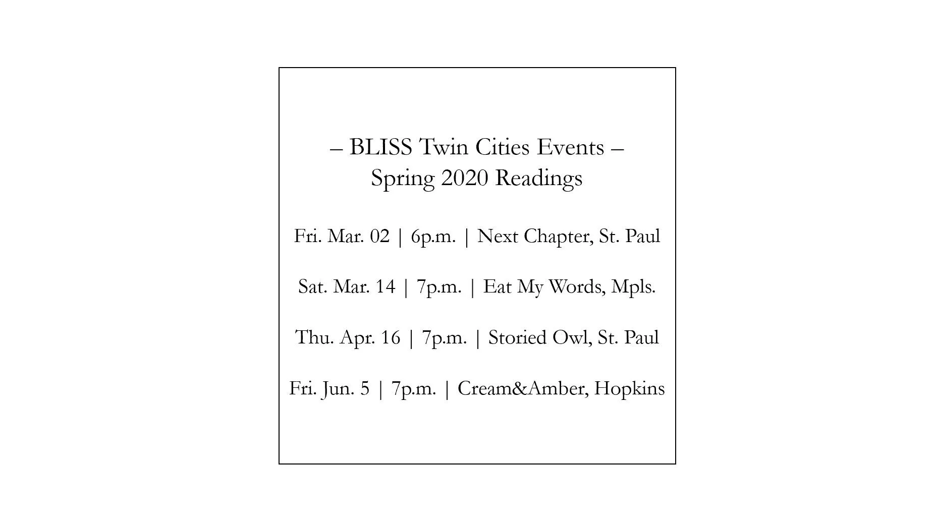 SPRING 2020 BLISS EVENTS