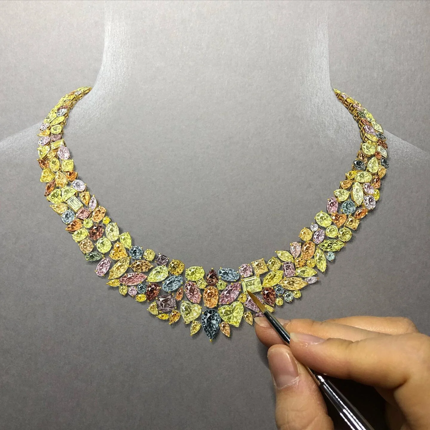 Multi color diamond necklace hand rendering in actual size for Phillips jewelry auction.  https://www.phillips.com/detail/NY060319/179  Original gouache painting gifted with purchase 🥳 @phillipsauction #jewelryaddict #jewelryauction #jewelryrenderin