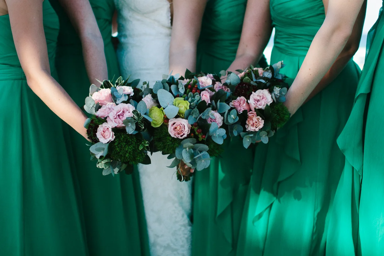 Punta Cana destination wedding, beach front wedding ceremony at sunset, bridesmaids bouquets