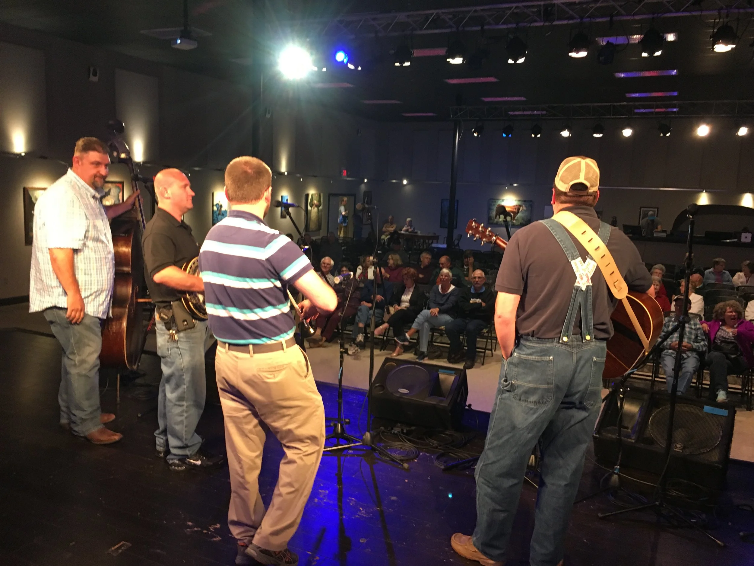 My view from the back of the stage (hiding off mic) at the Red White and Bluegrass jam, Boone