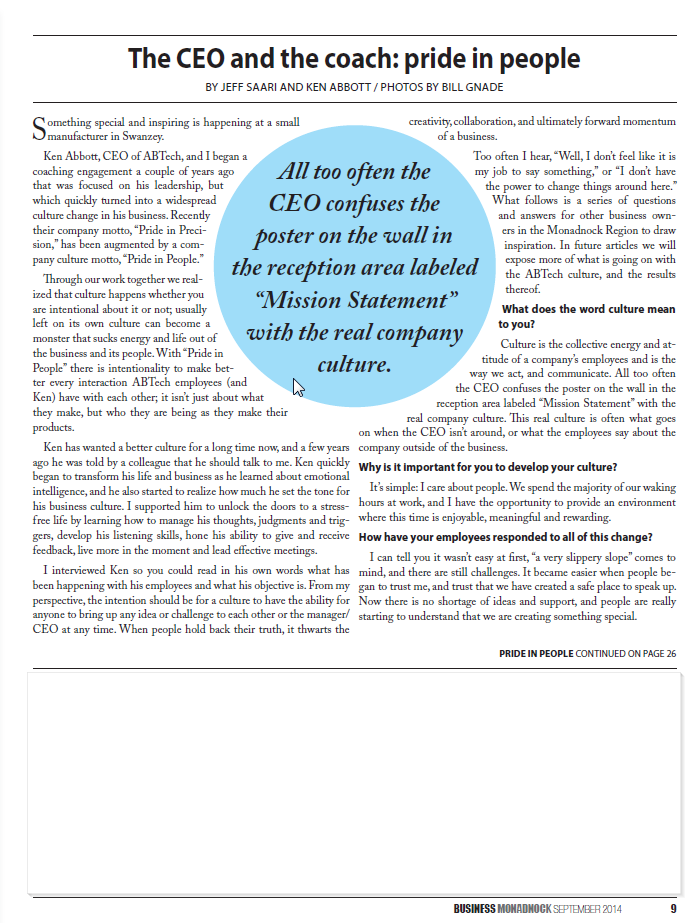 The CEO and the Coach: Price in People, by Jeff Saari. Read full article .