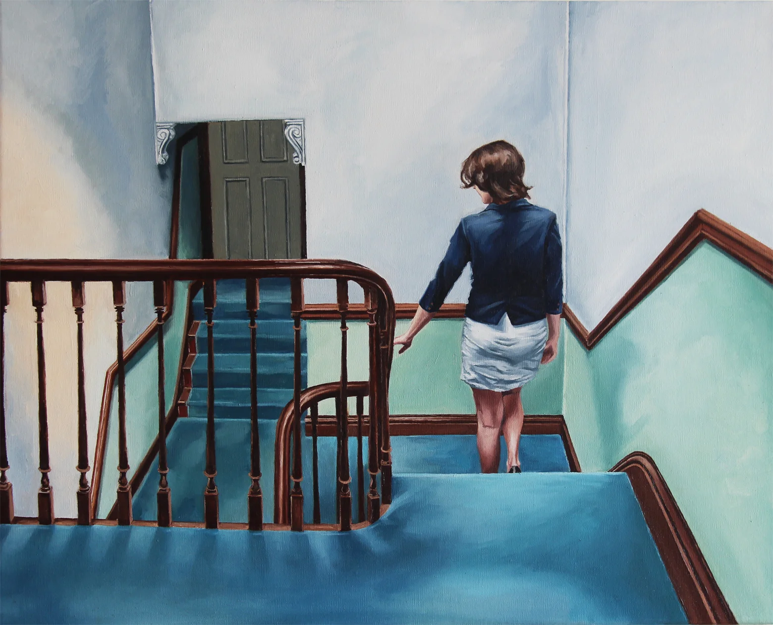 Woman descending staircase | Oil on Linen | 20"x 16" | SOLD