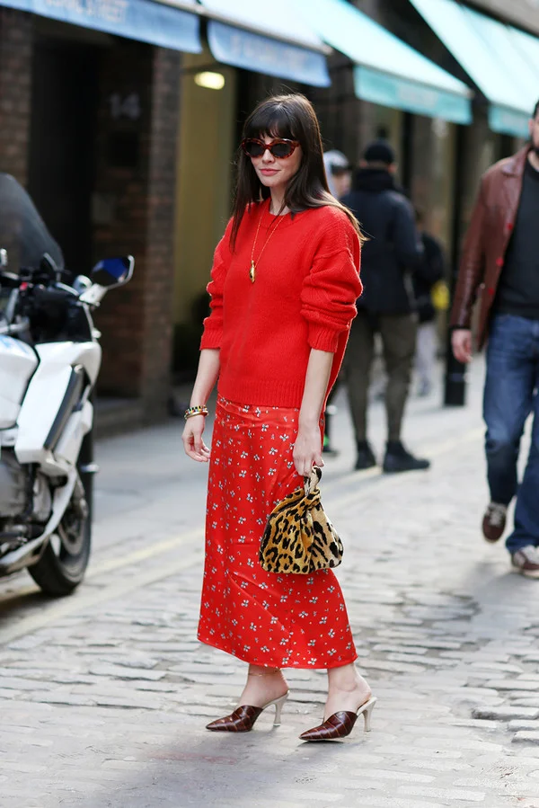 Floral skirt + slouchy jumper + heels
