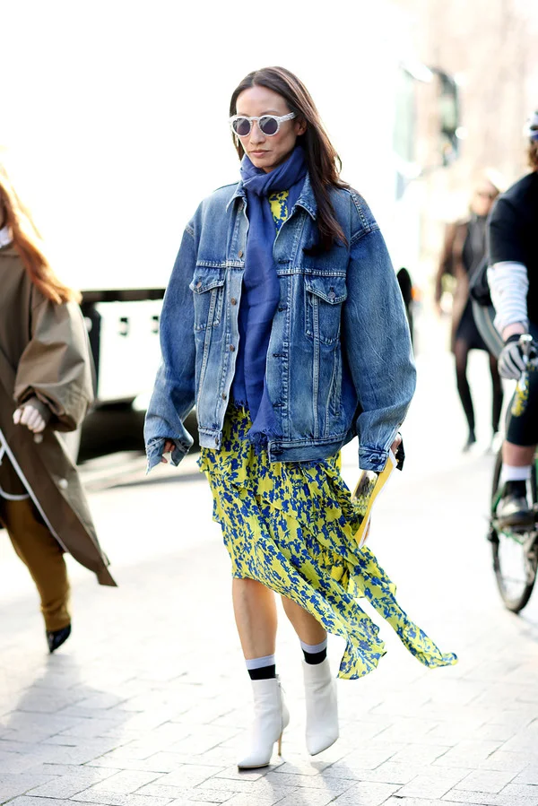 Floral dress + denim jacket + ankle socks