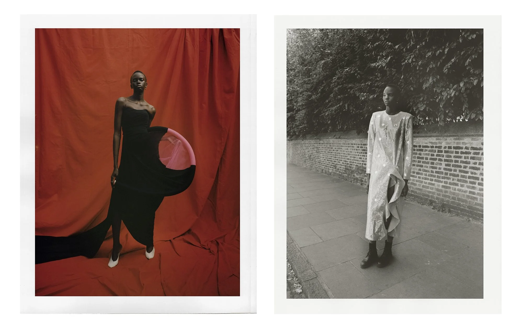 Side-by-side comparison of two photographs of a woman. The left photo is in color, showing the woman with short hair and dark skin, wearing a black strapless dress, standing against a red curtain with a large pink and black circular prop. The right p