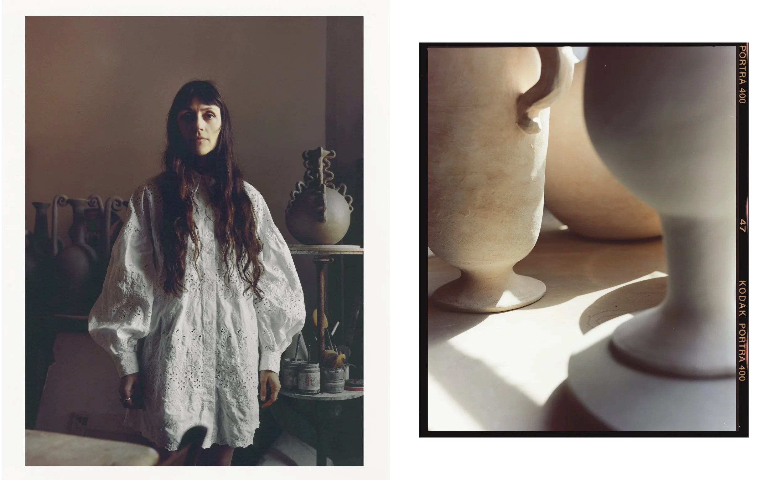 A woman with long brown hair and a white eyelet dress standing in a room with pottery and art supplies; close-up of pottery vases.