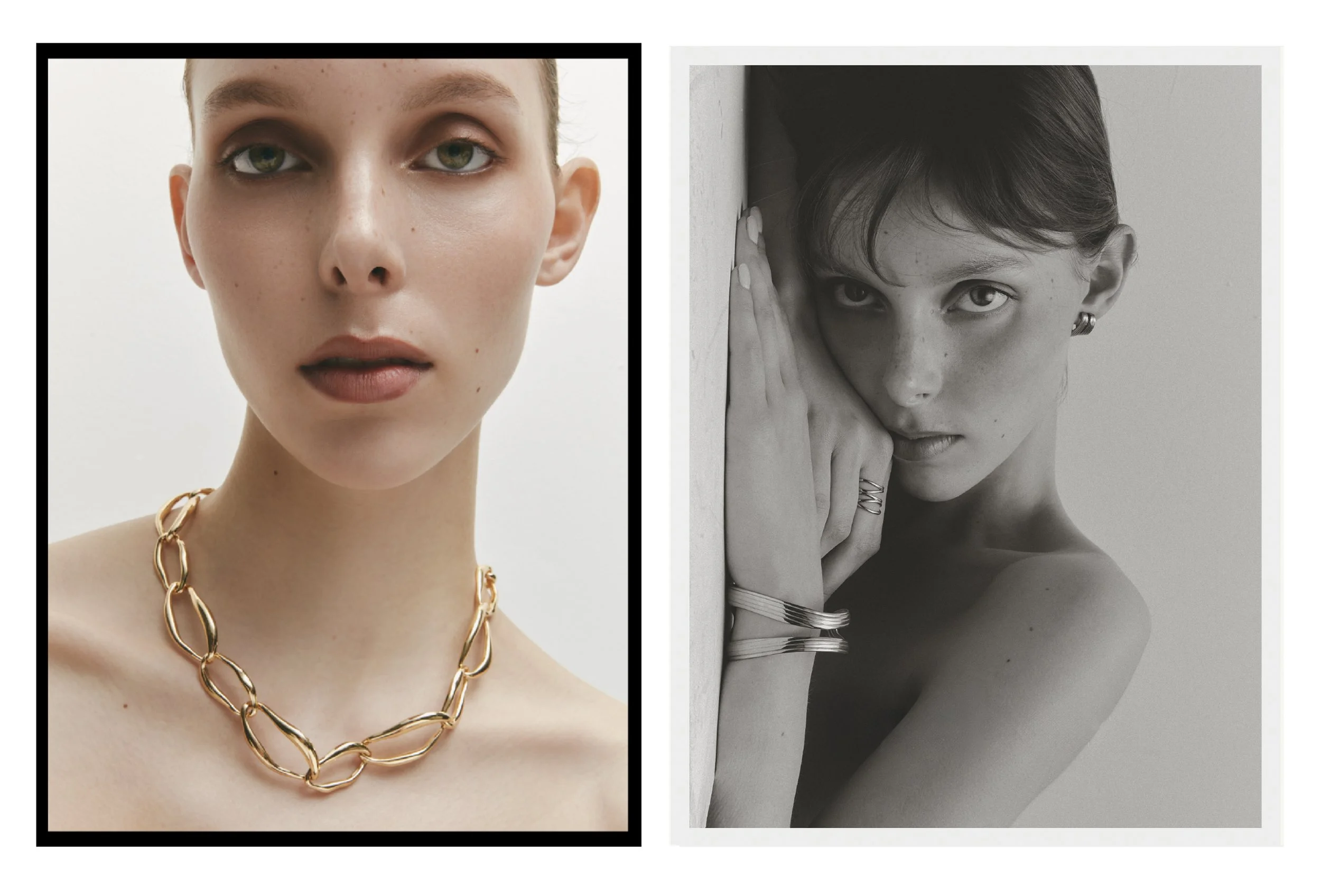 Comparison of two portrait photographs of women, one in color and one in black and white, in a side-by-side layout. The woman on the left has fair skin, green eyes, and light brown hair, wearing a chunky gold necklace and matching jewelry. The woman on the right has darker hair, and is posed with her hand near her face, with a serious expression.