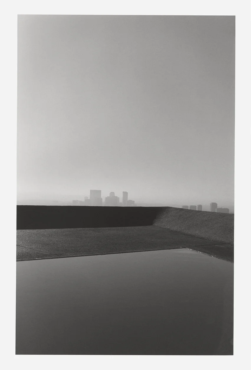Black and white photo of a rooftop with a rectangular pool, ledge, and a city skyline in the distance.