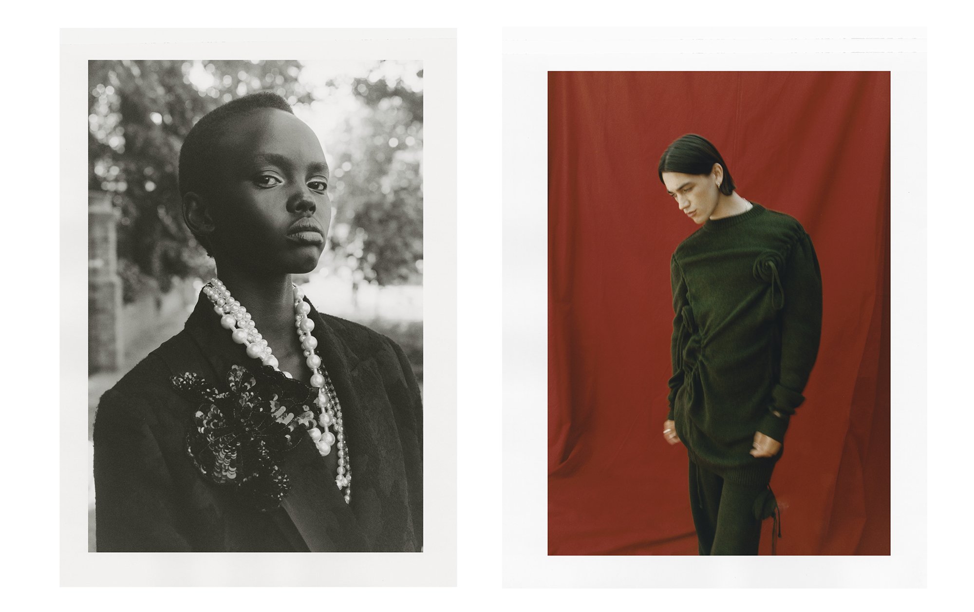 Two portraits side by side: the left in black and white of a woman with short hair, wearing a pearls necklace and dark clothing outdoors; the right in color of a woman with dark hair, wearing a dark green sweater and pants, standing against a red bac