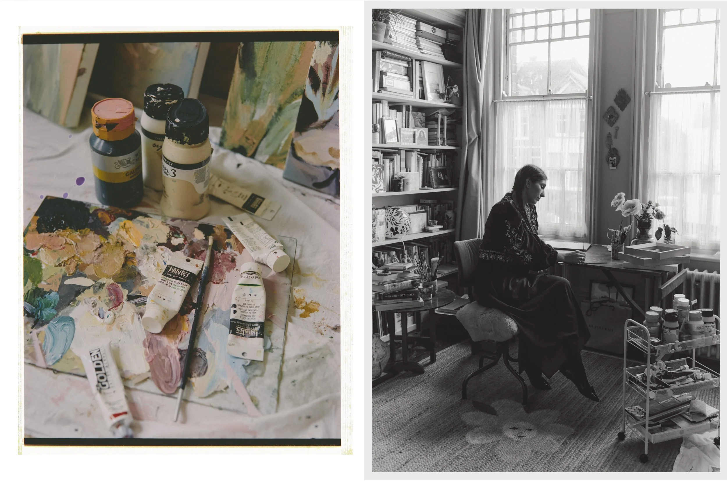Side-by-side images: the left shows a cluttered artist's workspace with various tubes of paint, brushes, and a colorful palette; the right shows a woman sitting in a cozy, well-lit room with a large window, surrounded by books, flowers, and art supplies.