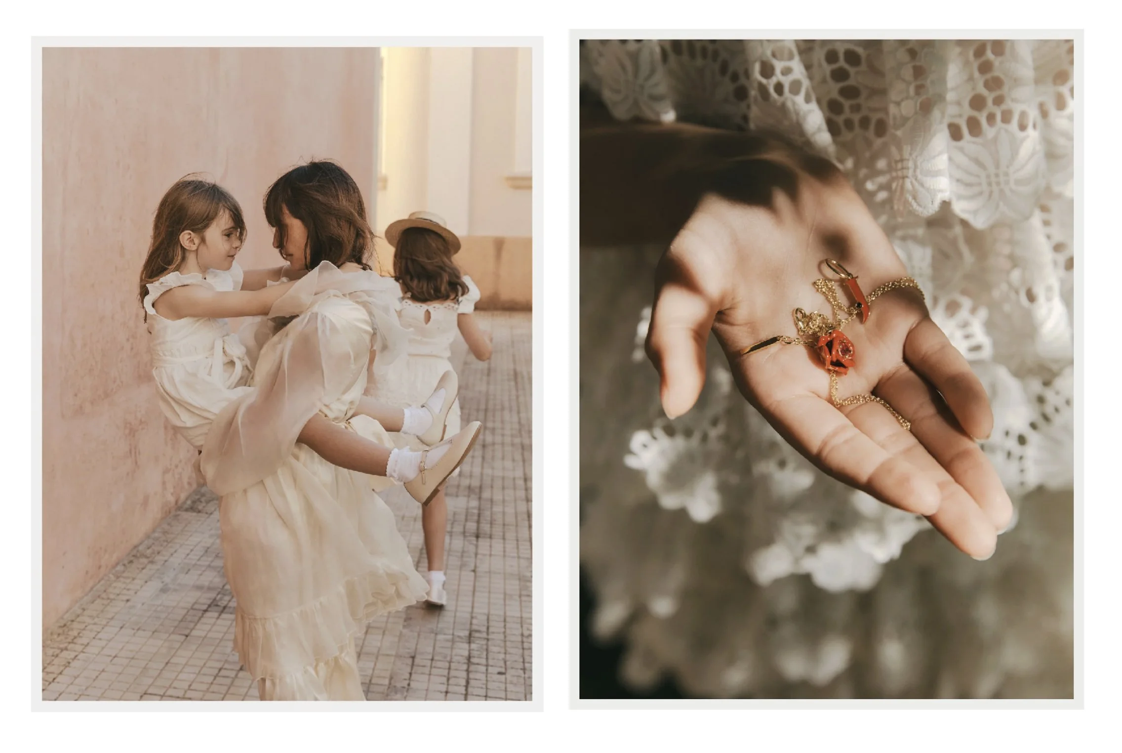 Left image shows a woman lifting a young girl in a cream-colored dress, both smiling and touching foreheads, in an indoor setting with a pink wall. The right image is a close-up of a hand with jewelry, including rings and a bracelet, against a backdrop of lace or embroidered fabric.