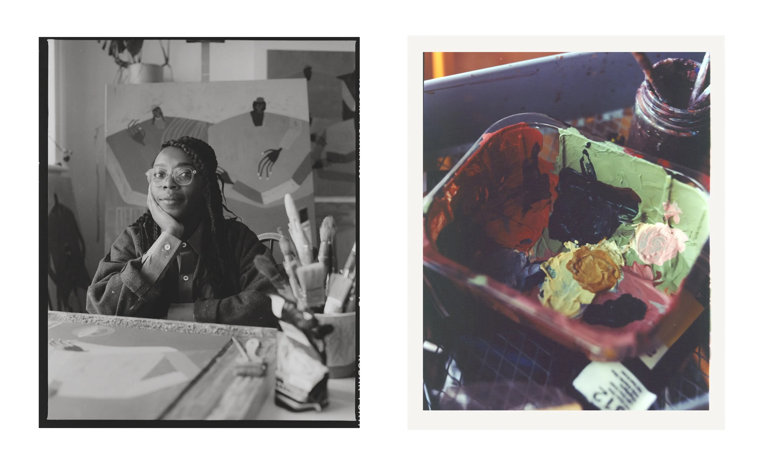 A black-and-white photo of a woman with glasses sitting at an art table, with her hand resting on her chin, surrounded by art supplies. Beside it is a colorful image of a palette with various blobs of paint and a jar containing paintbrushes.