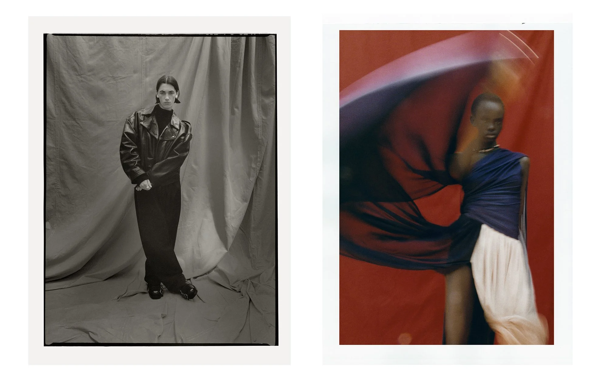 Two photographs of models in fashion photoshoots. The left photo shows a young woman with dark hair, wearing a leather jacket, black turtleneck, and high-waisted pants standing against a wrinkled curtain backdrop. The right photo features a woman wit