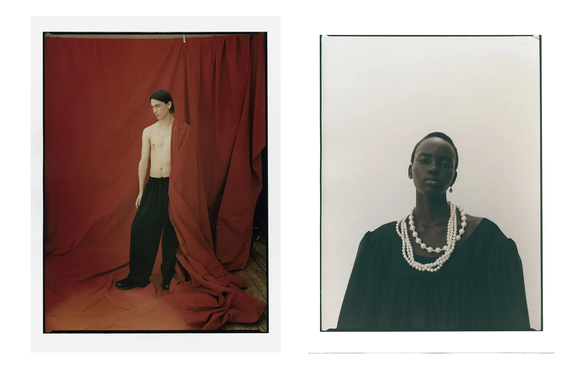 Side-by-side photographs featuring individuals with contrasting backgrounds and styles. The left image shows a person with short dark hair, partially draped in red fabric, standing on a wooden floor against a crimson curtain backdrop, wearing black p