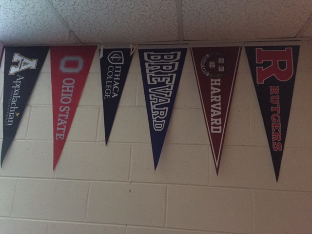 Pennants hanging in Georgia's classroom.