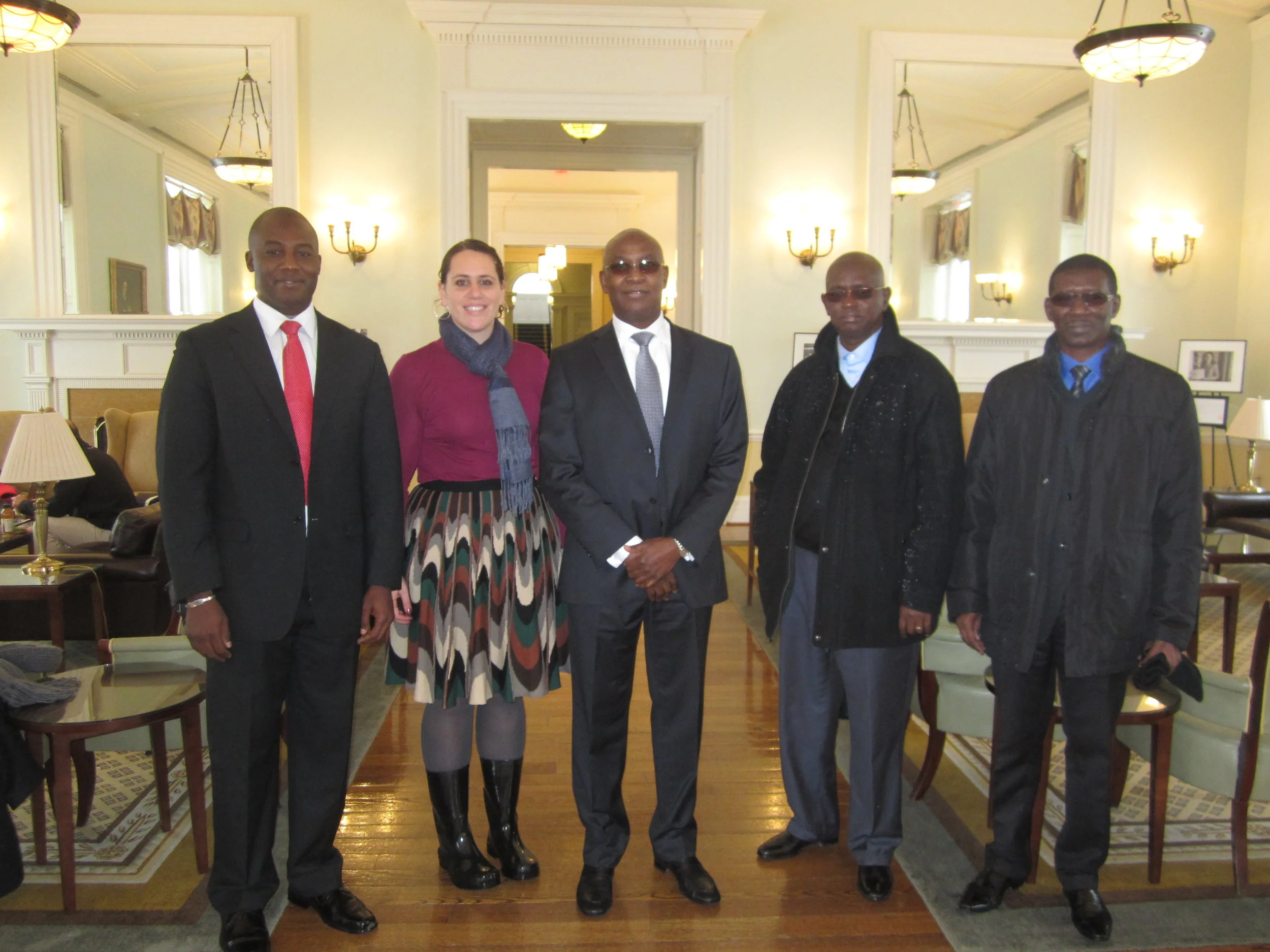 Momar Dieng (SpecialAdvisor to the Minister of Education), Liz Grossman, Serigne Mbaye Thiam (Minister of Education) Abdou Latif Coulibaly (Minister of Good Governance) and Mary Teuw Niane (Minister of Higher Education) at the Harvard Business School after our trek across campus in the snow.