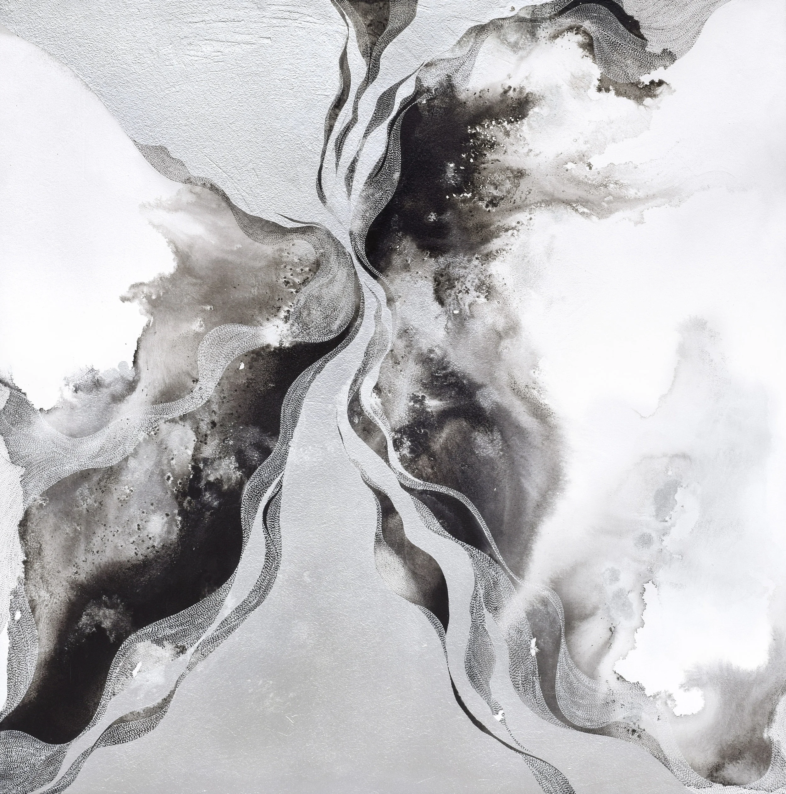 Ink, drypigment and spray paint on panel, 30x30 in., 2018