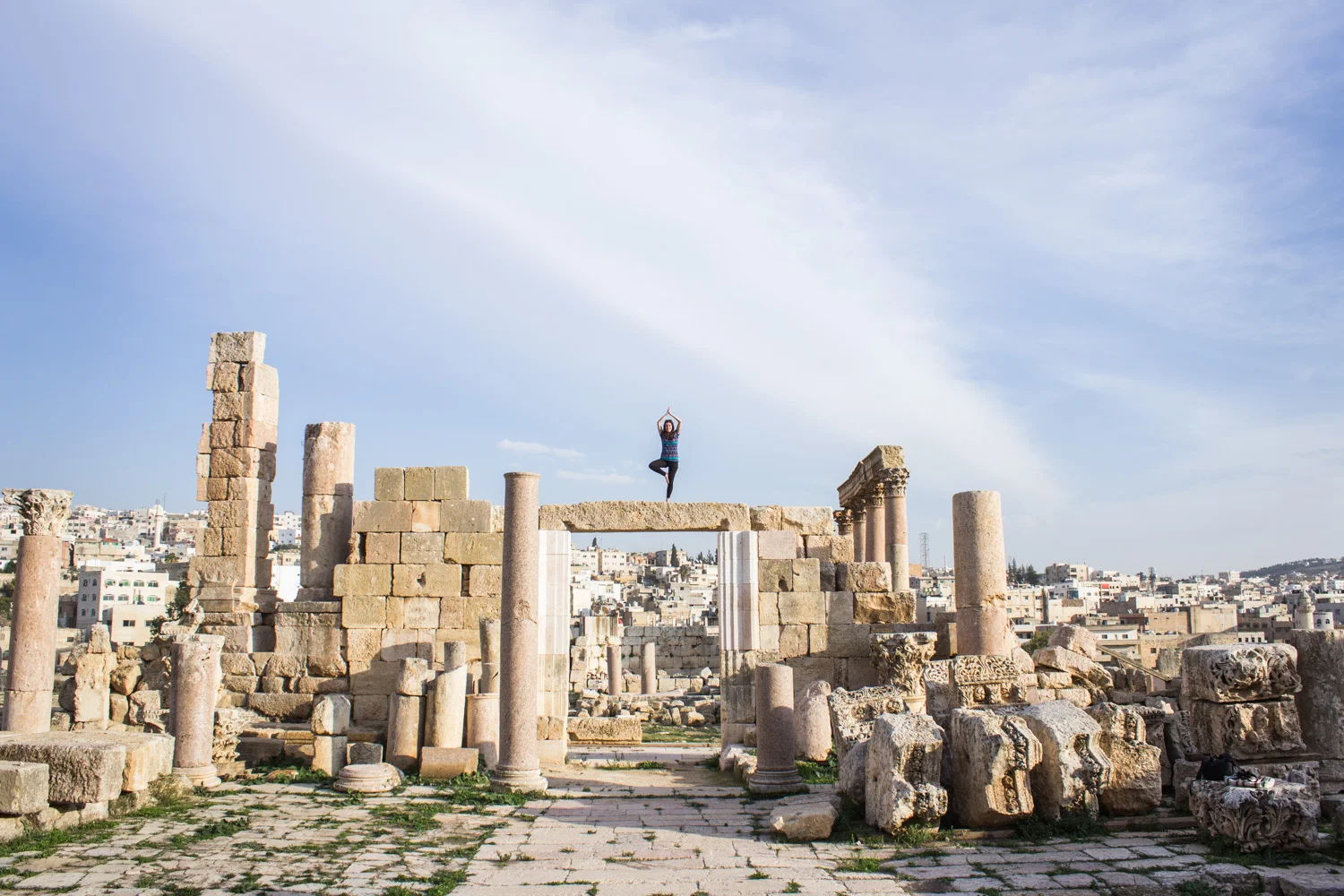 Genuinely one of my favourite moments, mostly because this split-second pose was so scary, but worth it for this photo. Also, this place of ruins is amazing. • Jerash, Jordan •