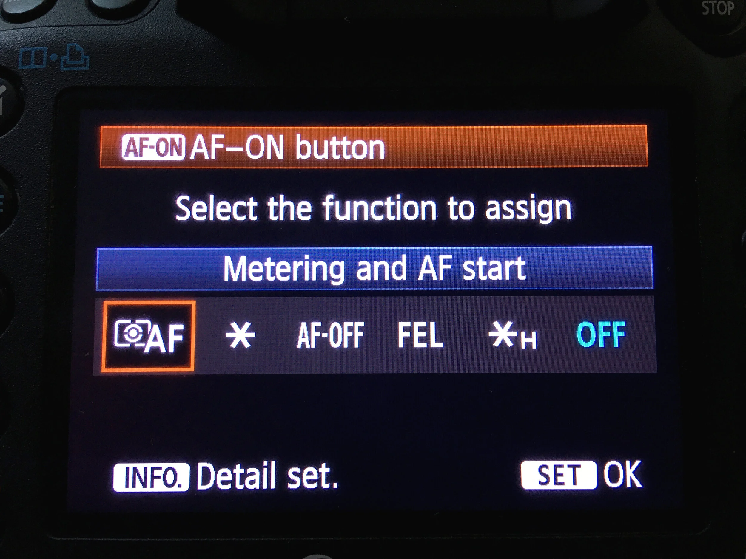 I happen to have this one turned off, but to use it as your back-button focus button, you’ll want to select the AF option (highlighted).
