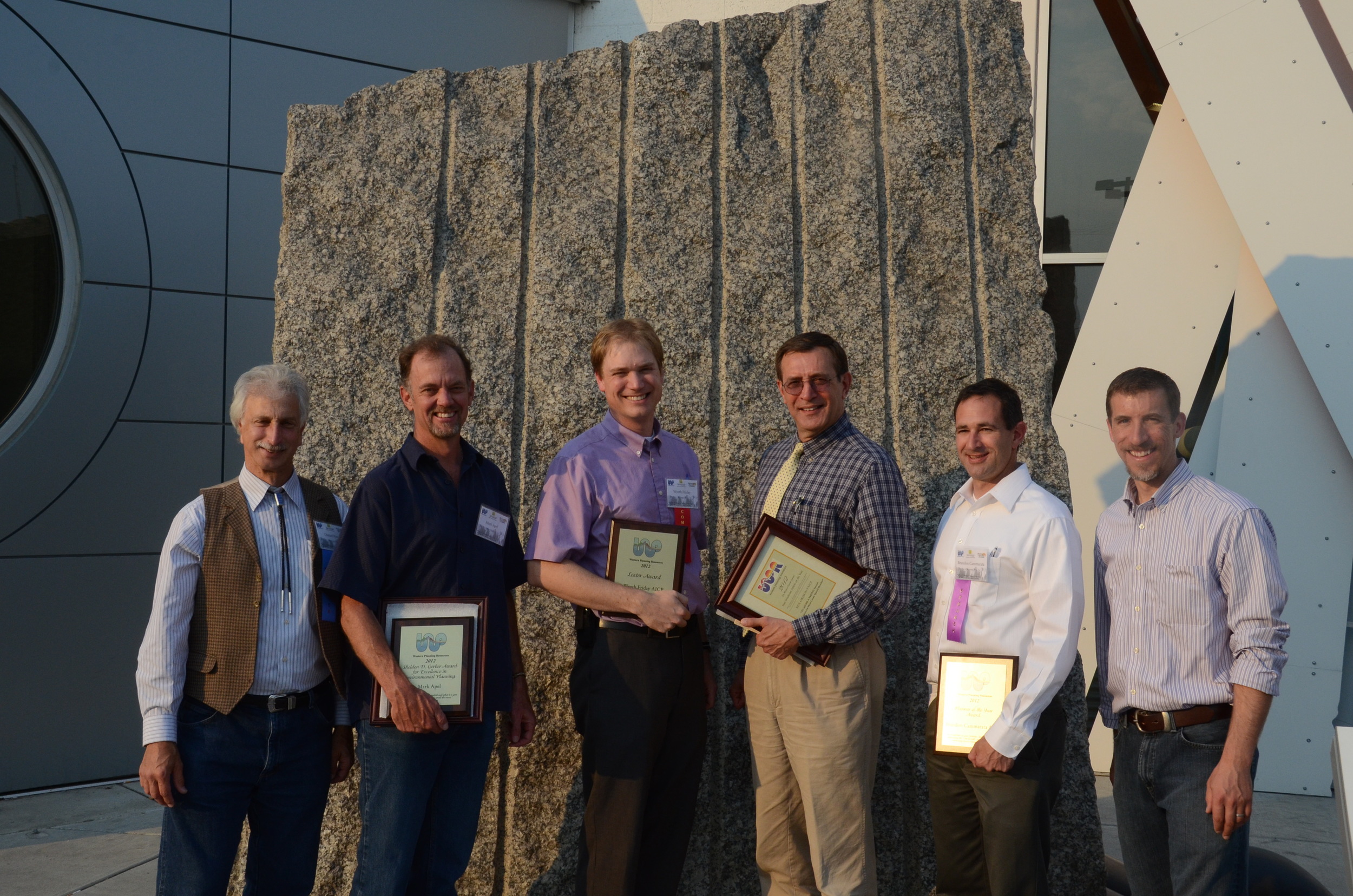 TOP OF THE CLASS: The Western Planning Resources (WPR) Board handed out its annual awards during its conference in Billings, MT. Pictured from left to right: WPR Board Vice President Dan Pava; Mark Apel, winner of Sheldon D. Gerber Merit Award for Excellence in Environmental Planning and the Feature Article Award; Wyeth Friday, Lester Award winner; Ben Orsbon, President’s Award and Stan Steadman Feature Article Award; Brandon Cammarata, Planner of the Year Award; and WPR Board President Matt Ashby.