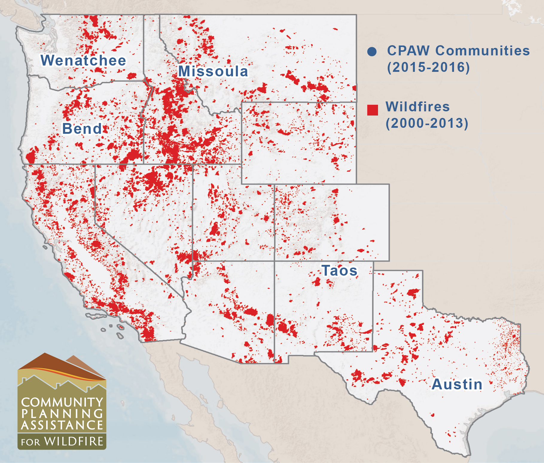 PROGRAM OPERATING IN FIVE COMMUNITIES SO FAR. The Community Planning Assistance for Wildfire Program is currently underway in five communities across the country. Image courtesy of Headwaters Economics.