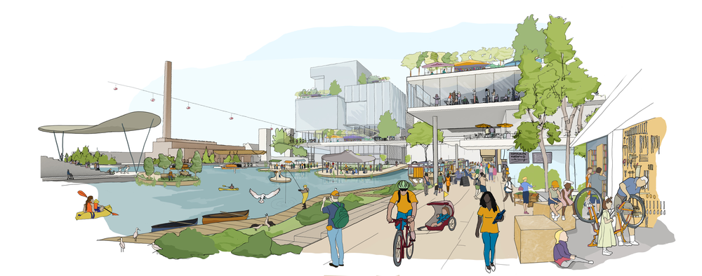 THE PUBLIC REALM IN A NEIGHBOURHOOD FROM THE INTERNET UP WILL NOT BE CONFNED TO ONE AREA. INSTEAD IT WILL BE INTEGRATED INTO THE VERY FABRIC OF THE NEIGHBOURHOOD, CREATING A WELCOMING PLACE FOR ALL. VISIONING IMAGE SUBMITTED WITH SIDEWALK TORONTO’S PROPOSAL.