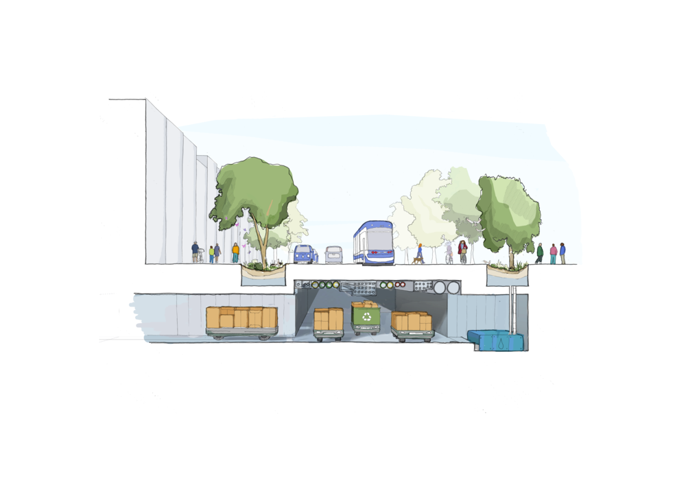 IN A NEIGHBOURHOOD BUILT AS AN URBAN INNOVATION PLATFORM, FEXIBILITY IS ESSENTIAL FOR DYNAMIC, UNFORESEEABLE UTILITY UPGRADES.. VISIONING IMAGE SUBMITTED WITH SIDEWALK TORONTO’S PROPOSAL.